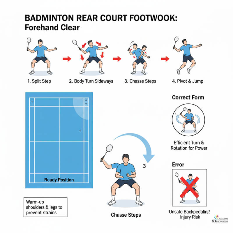 Minh hoạ di chuyển chân cuối sân trong buổi huấn luyện cầu lông cho trẻ em tại Kuala Lumpur — ST Badminton Academy Malaysia