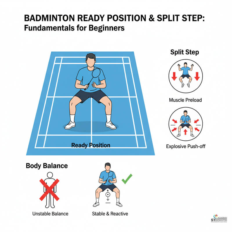 Một vận động viên ở tư thế sẵn sàng cho bài tập di chuyển chân sáu góc tại Kuala Lumpur | Huấn luyện cầu lông ST Badminton Academy Malaysia
