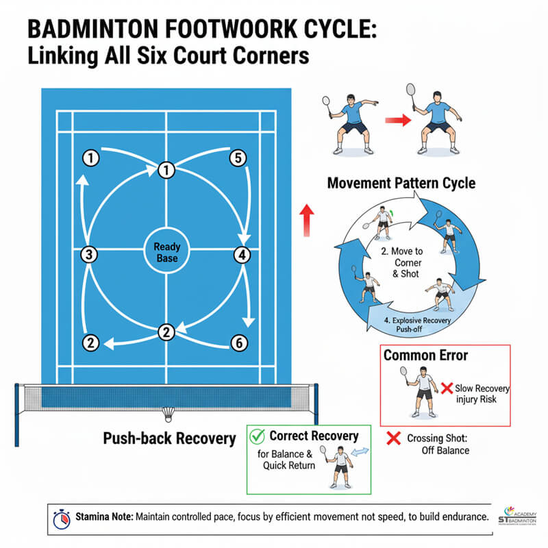 Vận động viên phục hồi về trung tâm sân trong buổi huấn luyện di chuyển chân cầu lông tại Cheras — ST Badminton Academy Malaysia