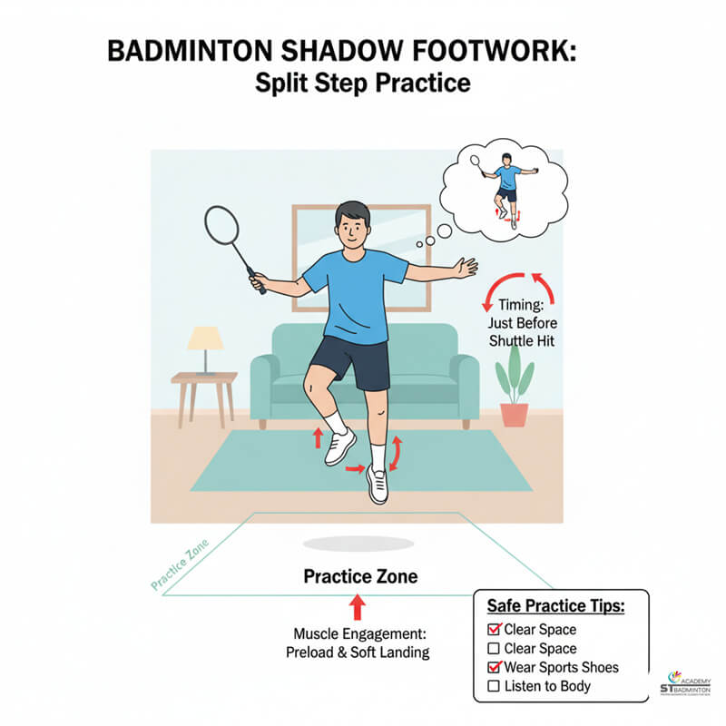 Một vận động viên trẻ tại Kuala Lumpur đang tập bước tách cho bài huấn luyện sáu góc — ST Badminton Academy Malaysia