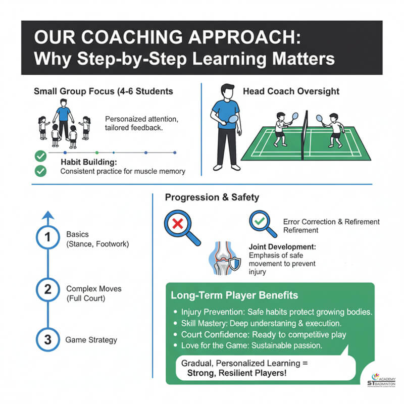 Huấn luyện viên giải thích sơ đồ di chuyển sáu góc cho vận động viên trẻ tại Kuala Lumpur — ST Badminton Academy Malaysia