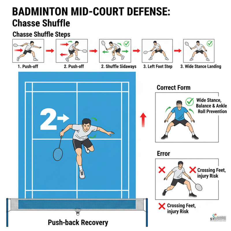 Huấn luyện cầu lông cho trẻ em tập trung vào bước di chuyển ngang ở giữa sân tại Setapak, Kuala Lumpur — ST Badminton Academy Malaysia