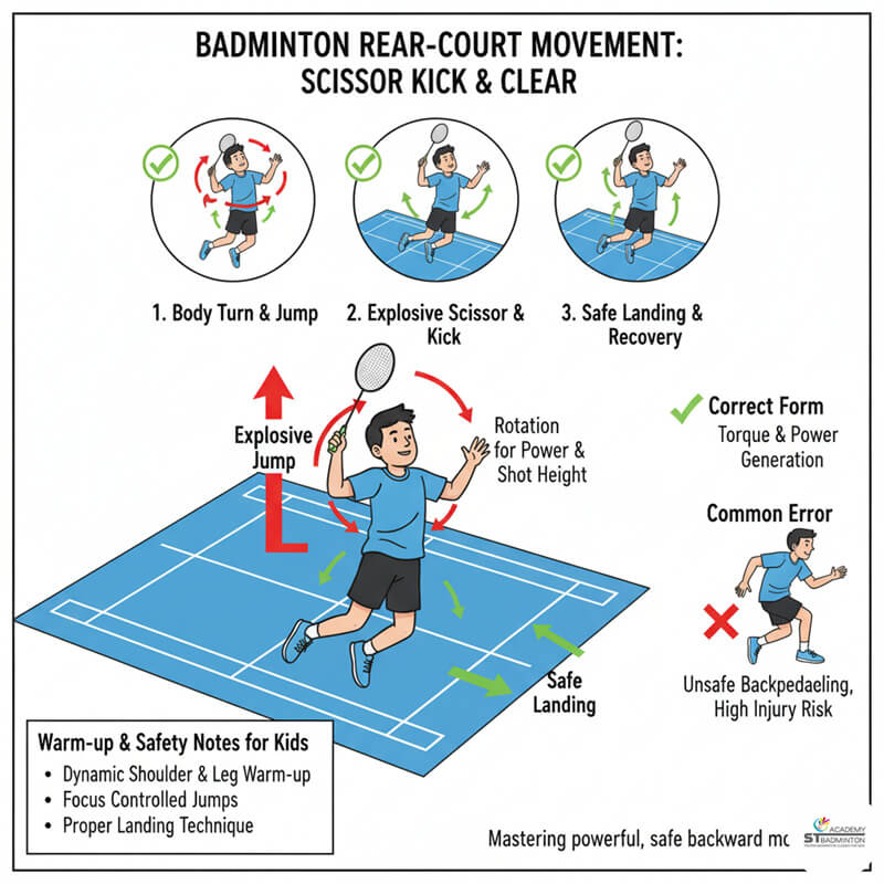 Động tác cắt kéo cuối sân để đánh cầu cao sâu trong bài tập di chuyển chân sáu góc tại Cheras — ST Badminton Academy Malaysia
