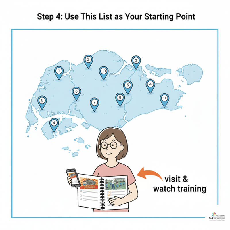 A Singapore badminton coach demonstrating proper technique to young beginners in a small group class.