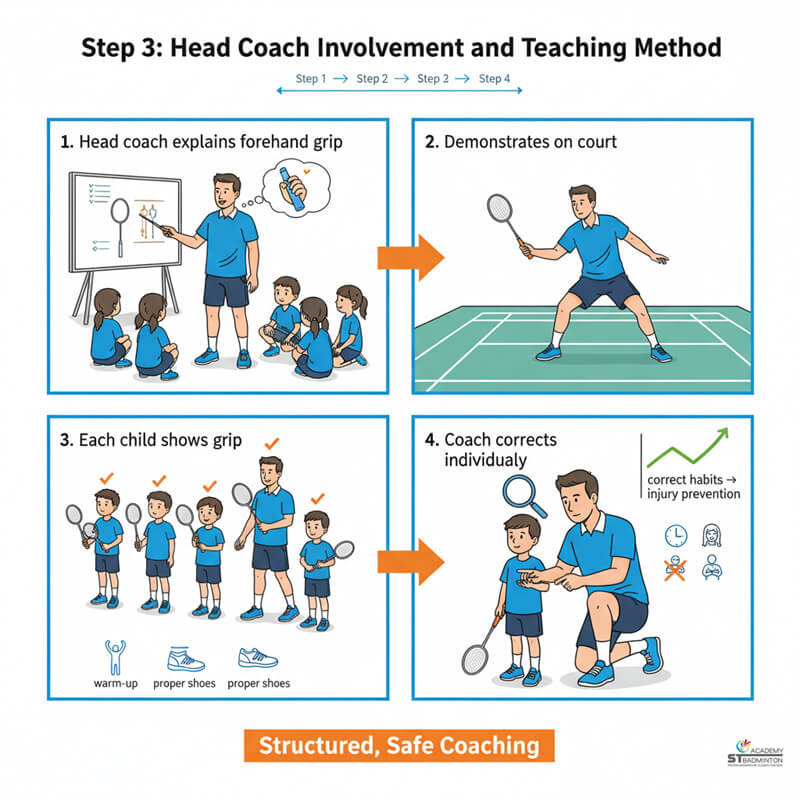 A child learning correct grip at a kids badminton class in Singapore, recommended by ST Badminton Academy Malaysia.