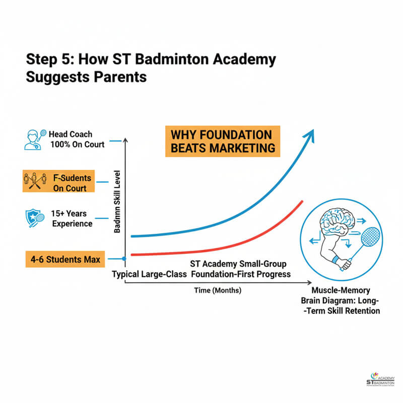 A young beginner learning basic footwork in a Singapore kids badminton class.