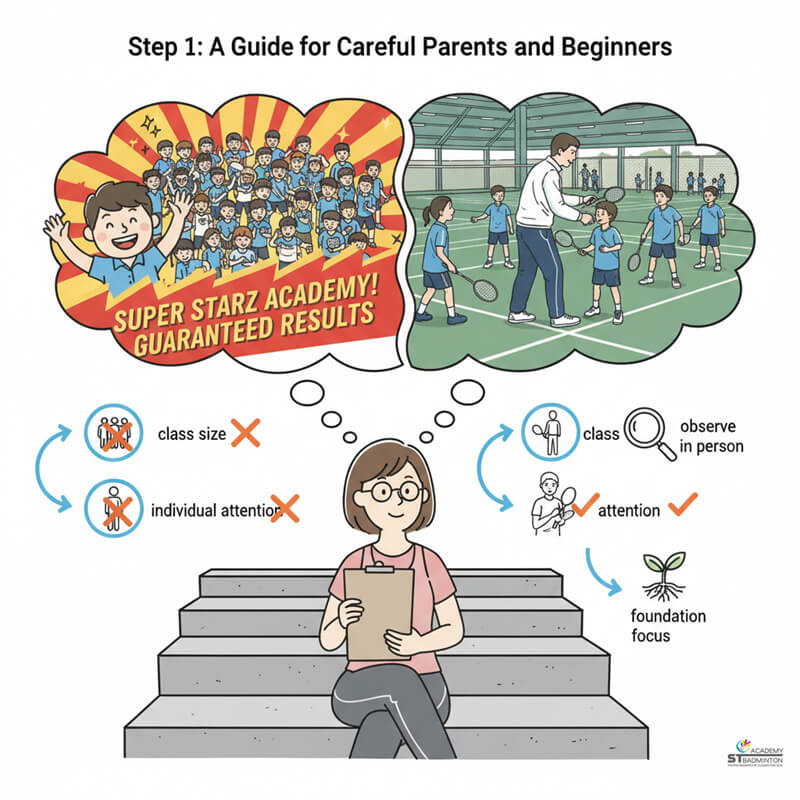 Parents observing a kids badminton class at a marketing-strong badminton academy in Singapore.