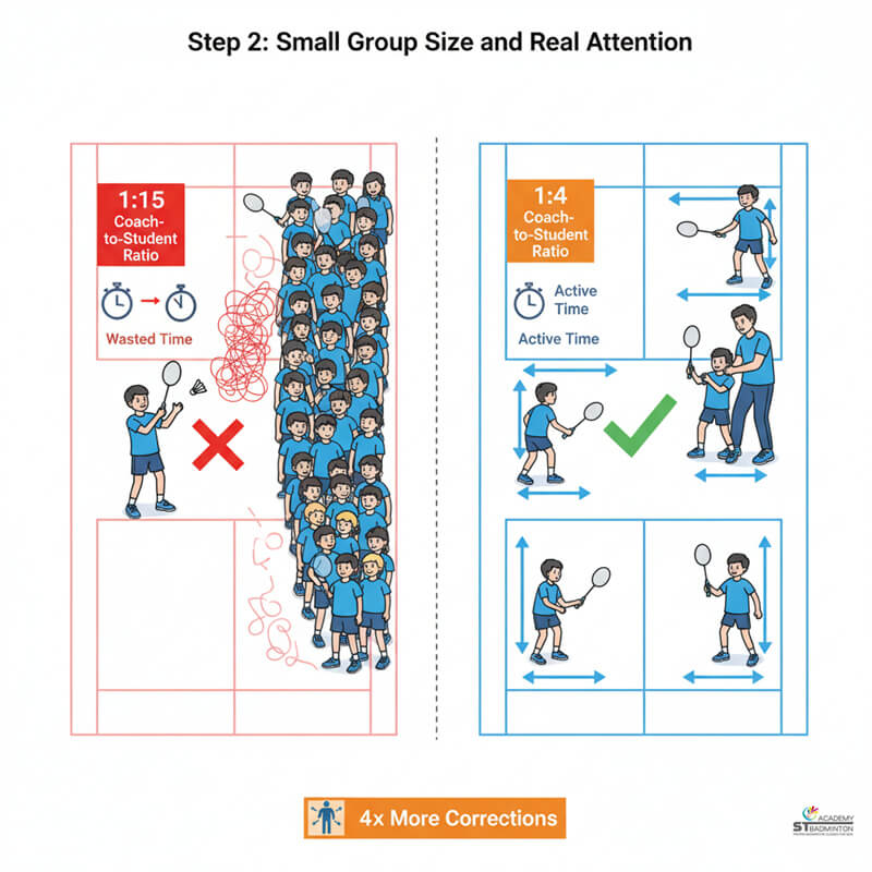 Singapore badminton coach correcting a child's footwork during a beginner badminton training session.