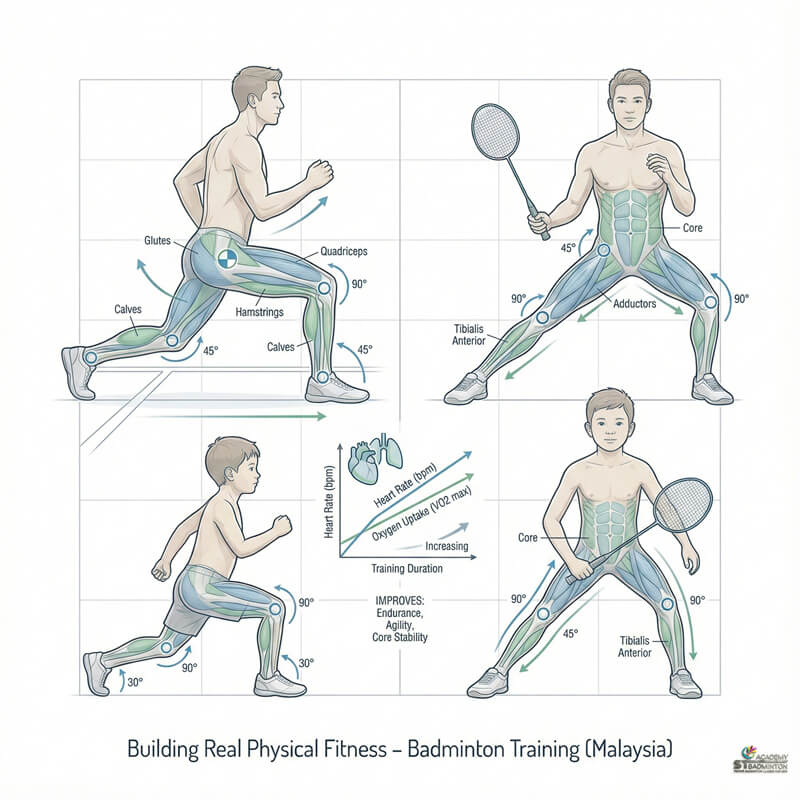 Trẻ em học di chuyển chân cơ bản tại ST Badminton Academy Malaysia ở Setapak Kuala Lumpur