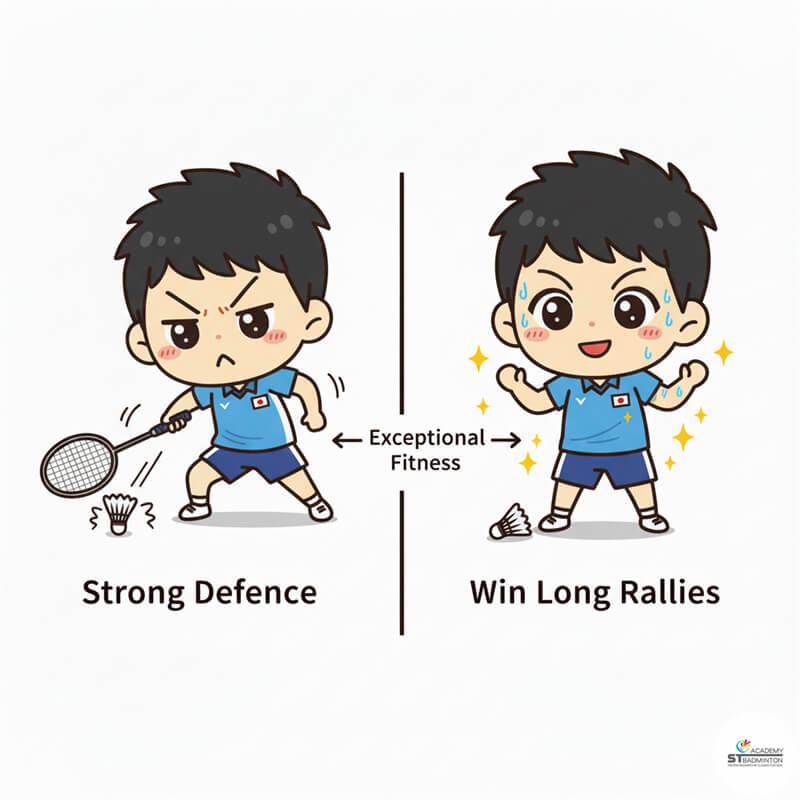 Kodai Naraoka demonstrating exceptional stamina and defensive skills during long intense rally