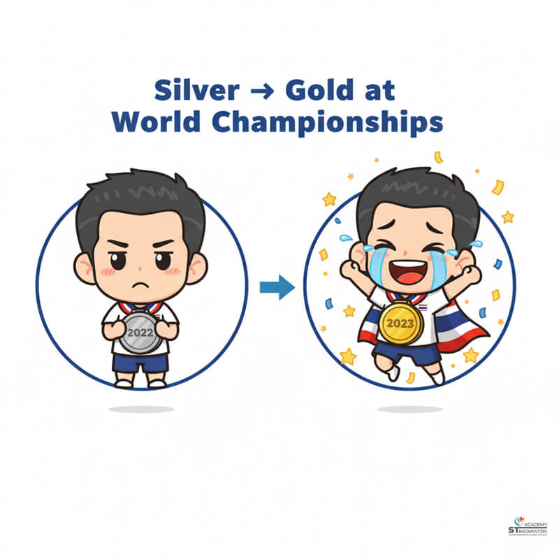 Kunlavut Vitidsarn celebrating world championship gold medal victory for Thailand