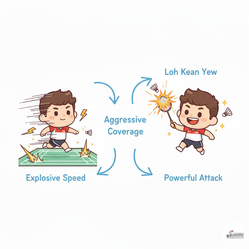 Loh Kean Yew demonstrating athletic conditioning and fighting spirit during intense rally