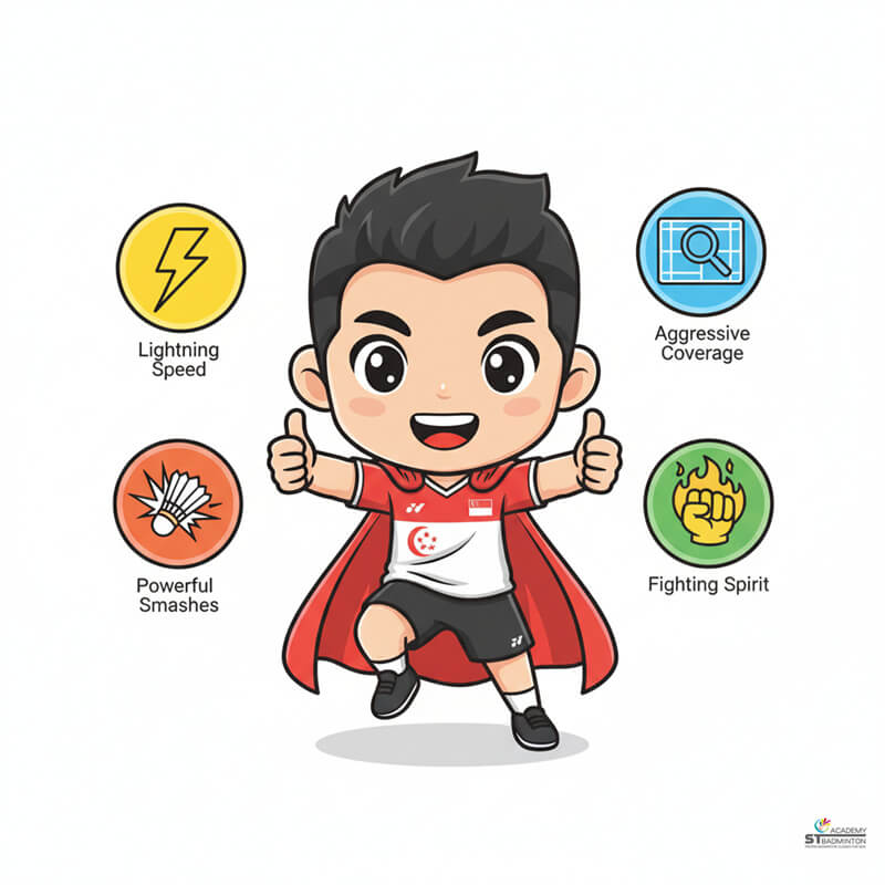 Loh Kean Yew showing explosive speed and court coverage during intense rally