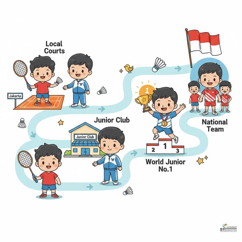 Young Indonesian badminton player training with discipline and proper fundamentals