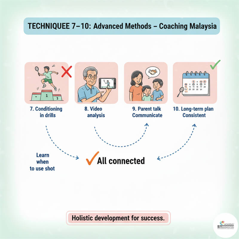 Huấn luyện viên cầu lông ở Kuala Lumpur giải thích chiến thuật thi đấu cho học viên trẻ.