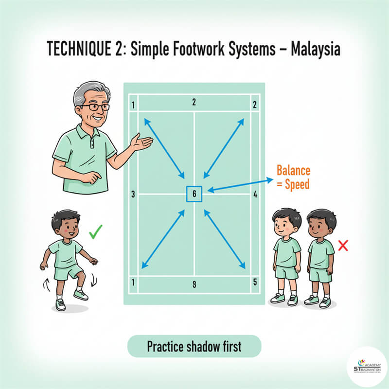 Huấn luyện viên cầu lông Malaysia hướng dẫn kỹ thuật di chuyển chân | Lớp học cầu lông cho trẻ em tại Wangsa Maju.