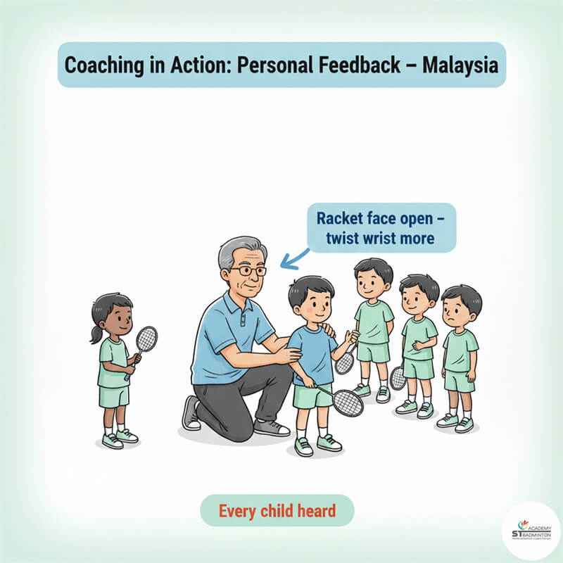 Học viên thực hiện kỹ thuật di chuyển về trung tâm, một phần quan trọng của huấn luyện cầu lông hiệu quả tại Cheras.