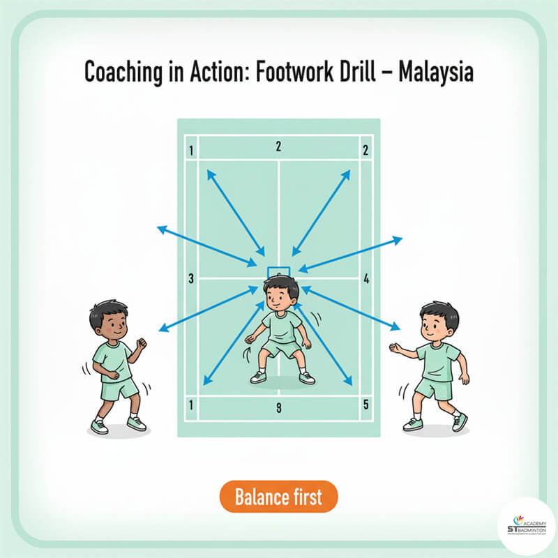 Học viên tại Setapak luyện tập bước chùng chân về phía trước | Một phần của bài tập di chuyển chân trong huấn luyện cầu lông.