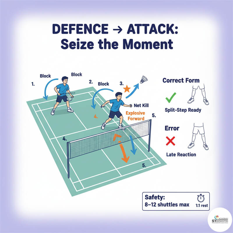 Học viên trình độ trung cấp tập bài chuyển từ phòng thủ sang tấn công | Huấn luyện cầu lông nâng cao tại Wangsa Maju