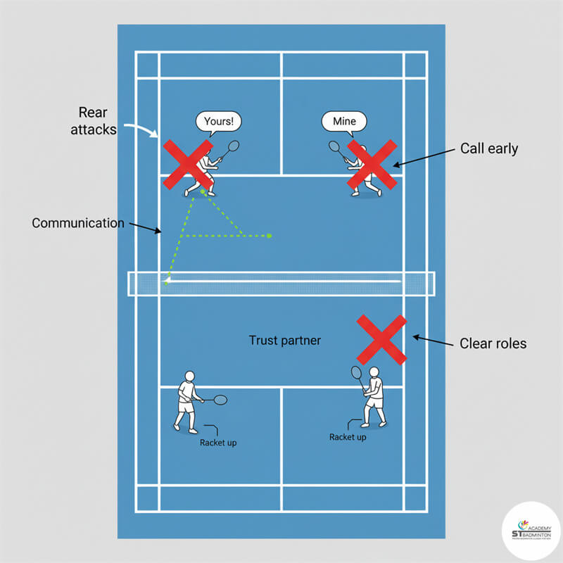 Certified coach explaining doubles positioning and communication during structured drill in KL