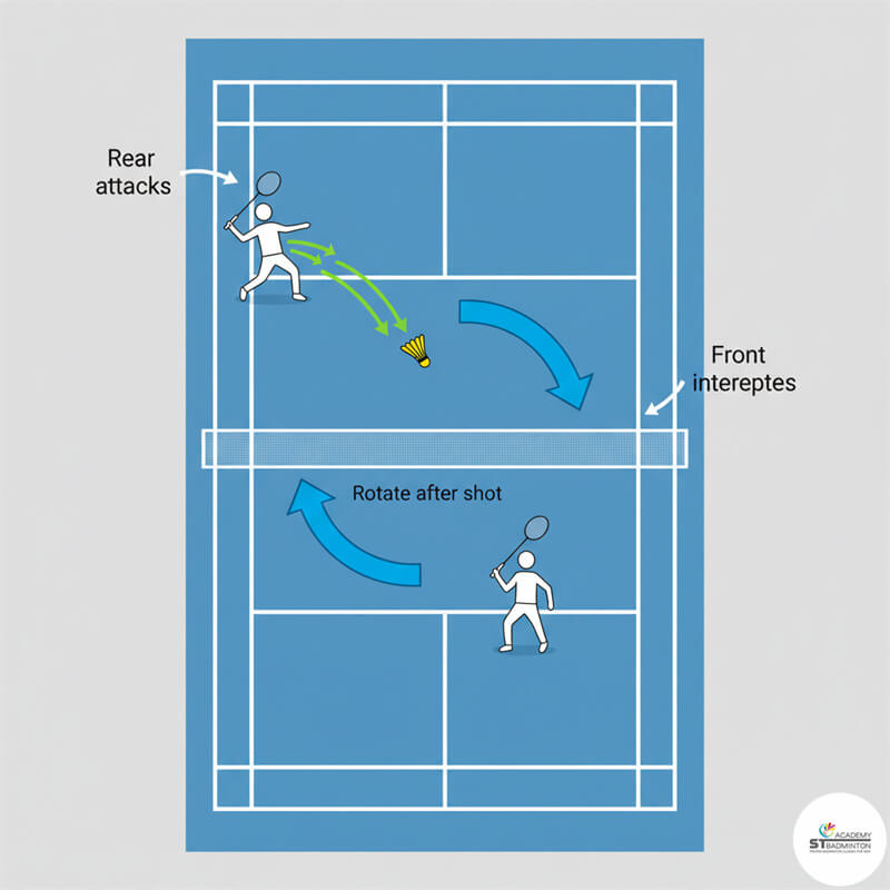 Doubles pair practising front and back attacking formation during structured drill session in Kuala Lumpur