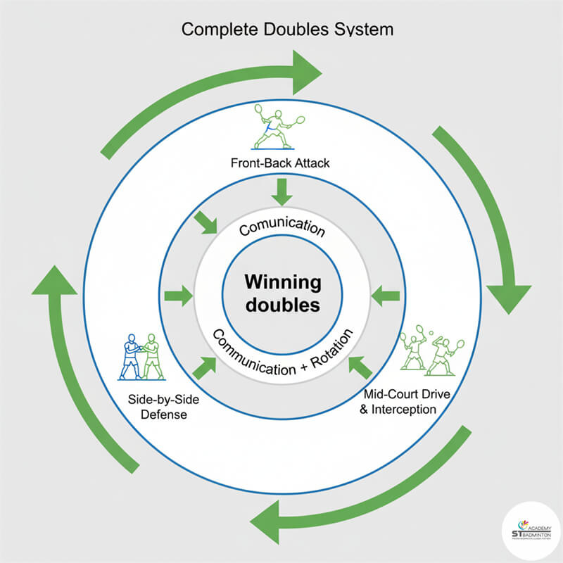 Doubles pair working on front back attacking drill in structured training session Kuala Lumpur