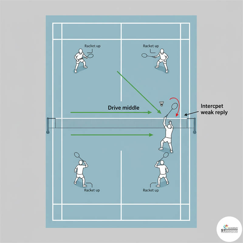 Doubles players practising drive rally and mid court interception during training in Setapak KL