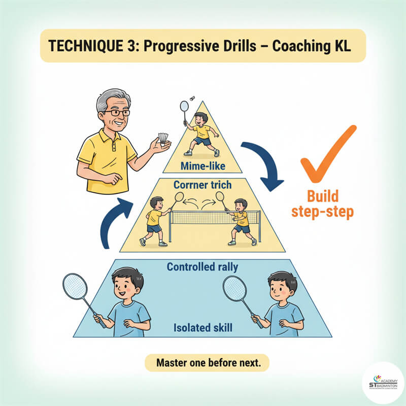 Trẻ em thực hiện bài tập cầu lông chuyên sâu với huấn luyện viên tại Setapak, Kuala Lumpur.