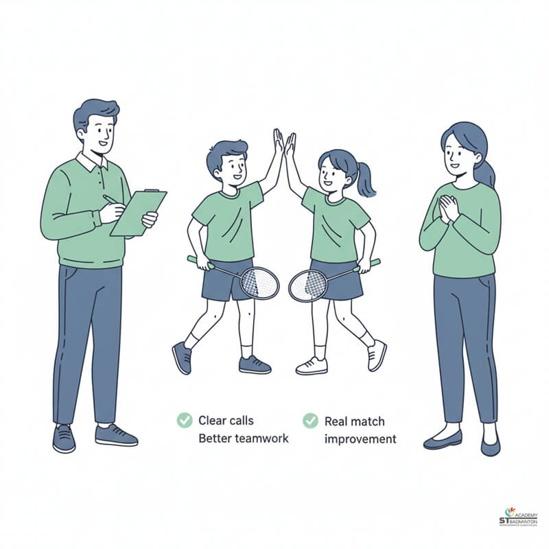 School team players improving doubles rotation and communication during coaching session in Malaysia