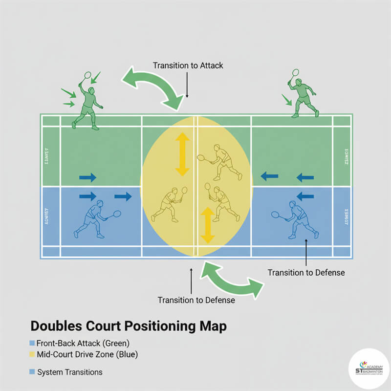 Two players practising side by side defence against continuous smash during doubles drill Malaysia