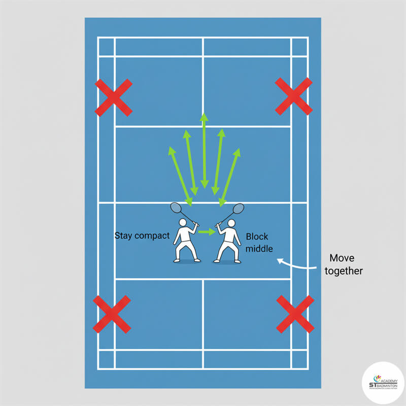 Two players working on side by side defensive formation against smash in Malaysia doubles training