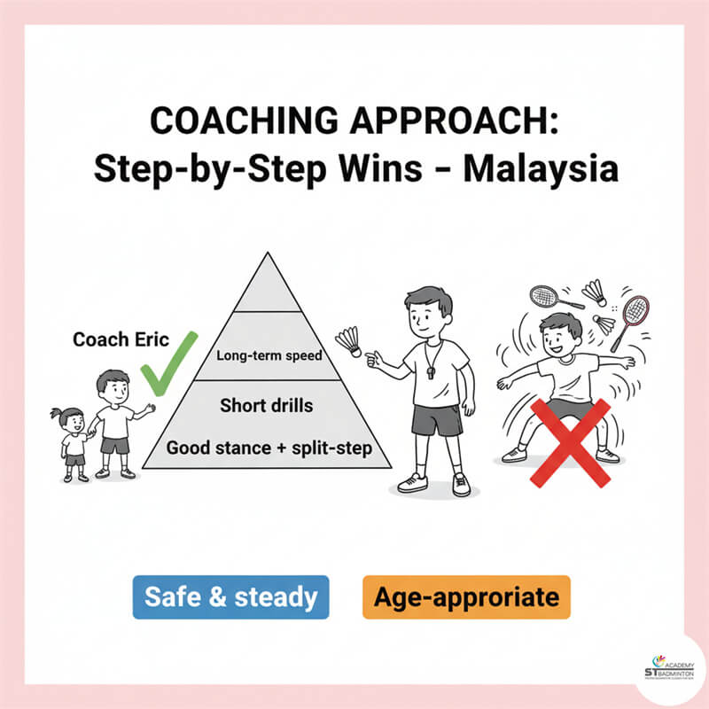 Huấn luyện viên cầu lông tại Kuala Lumpur giải thích nguyên tắc tập luyện phản xạ cho học viên trẻ ở Kepong.