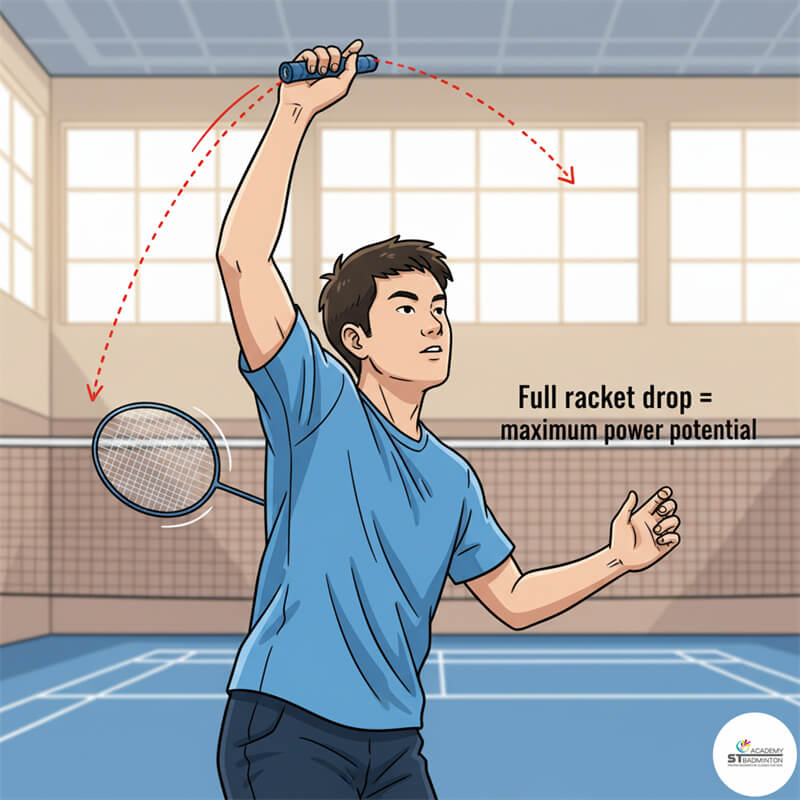 A badminton coach in Malaysia demonstrating the proper racket drop for a clear