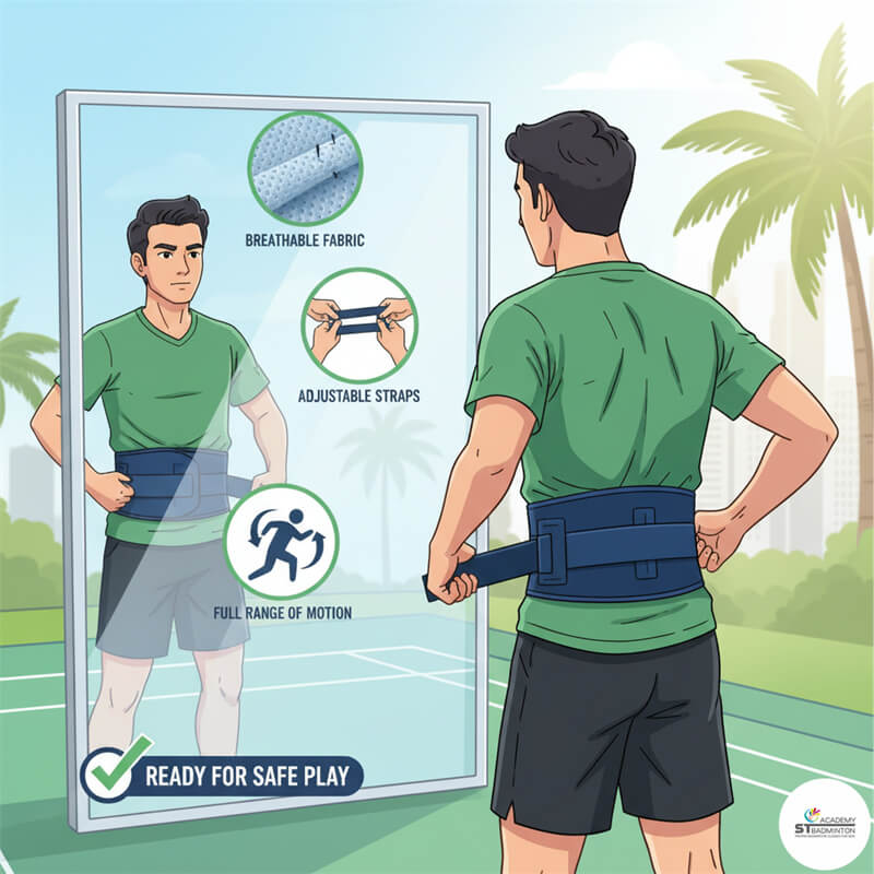 Pemain bulutangkis menyesuaikan penyangga punggung kompresi sebelum pertandingan di Kuala Lumpur | Kelas kompetitif Titiwangsa
