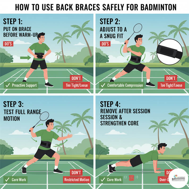 Pemain bulutangkis menunjukkan cara aman menggunakan sabuk penopang punggung saat sesi latihan bulutangkis di Malaysia | Kelas pemula Cheras