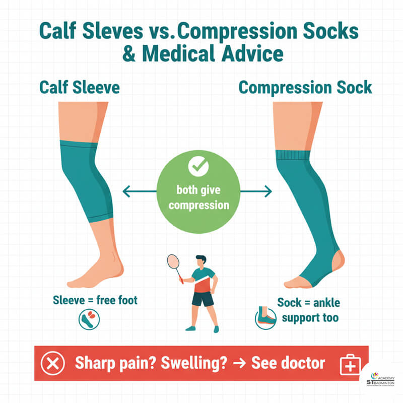 Seorang pemain bulutangkis memegang betisnya, mempertimbangkan apakah akan menggunakan sarung betis atau kaus kaki kompresi penuh untuk dukungan, dan kapan harus mencari saran medis | Latihan fisik Titiwangsa