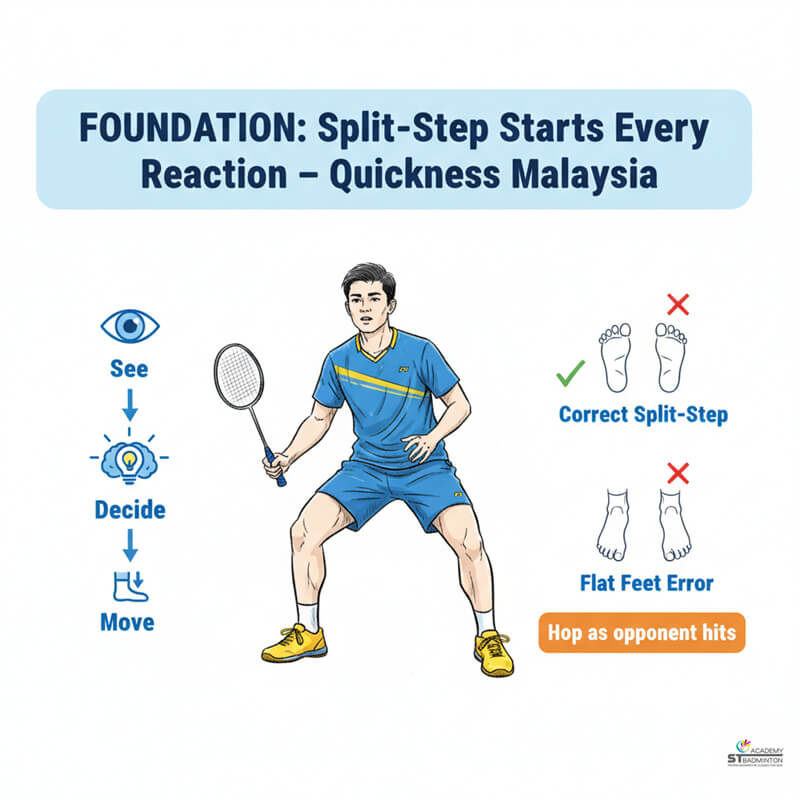 Huấn luyện cầu lông tại Kuala Lumpur: một vận động viên thực hiện kỹ thuật split-step, nền tảng cho các bài tập phản xạ.