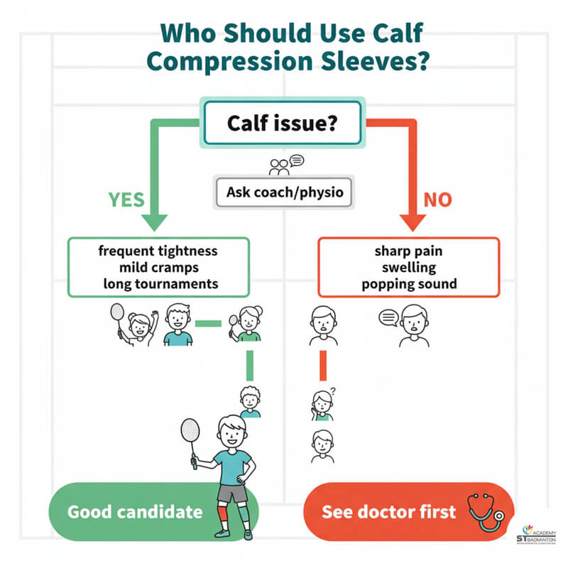 Seorang pemain bulutangkis di lapangan, menunjukkan cara memakai sarung betis untuk dukungan, dengan fokus pada siapa yang boleh dan tidak boleh menggunakannya | Pelatih bulutangkis Wangsa Maju