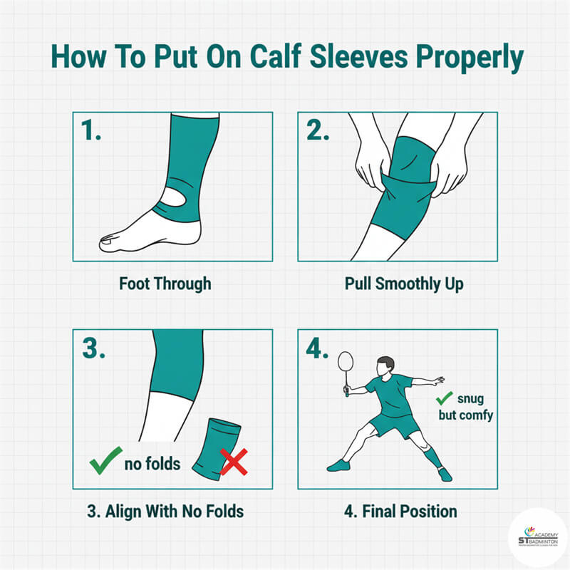 Pemain bulutangkis memakai sarung kompresi betis sebelum pemanasan, memastikan pas untuk dukungan maksimal di Kuala Lumpur | Latihan bulutangkis dasar.