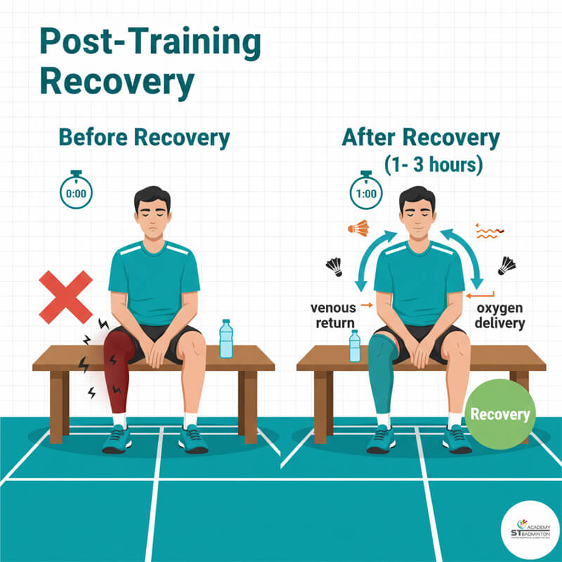 Pemain bulutangkis melepas sarung betis setelah sesi, menunjukkan penggunaannya untuk pemulihan dan perawatan otot | Latihan fisik Kuala Lumpur.