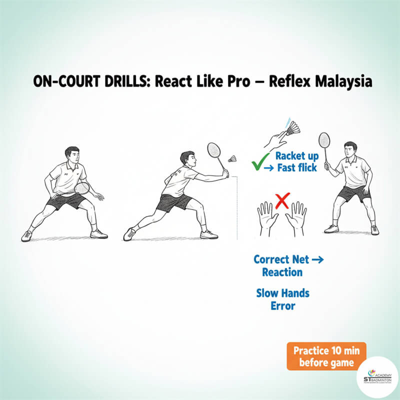 Huấn luyện viên cầu lông ở Malaysia đang tập đánh lưới và phản xạ cho học viên tại Setapak.