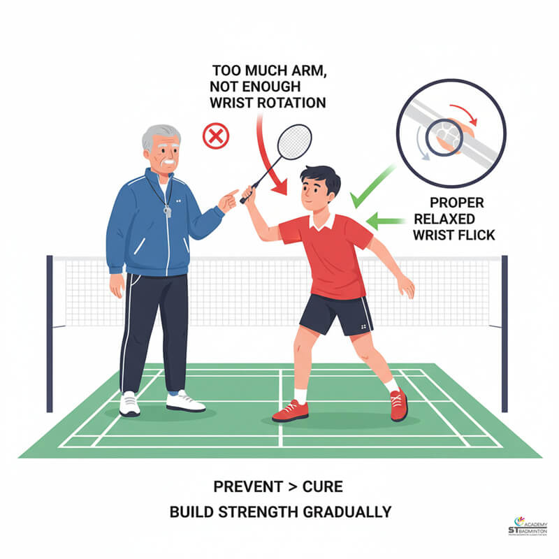 Học viên cầu lông trẻ tự tin sẵn sàng cho buổi tập của đội tuyển trường với sự chăm sóc và hỗ trợ cổ tay đúng cách tại Kuala Lumpur.