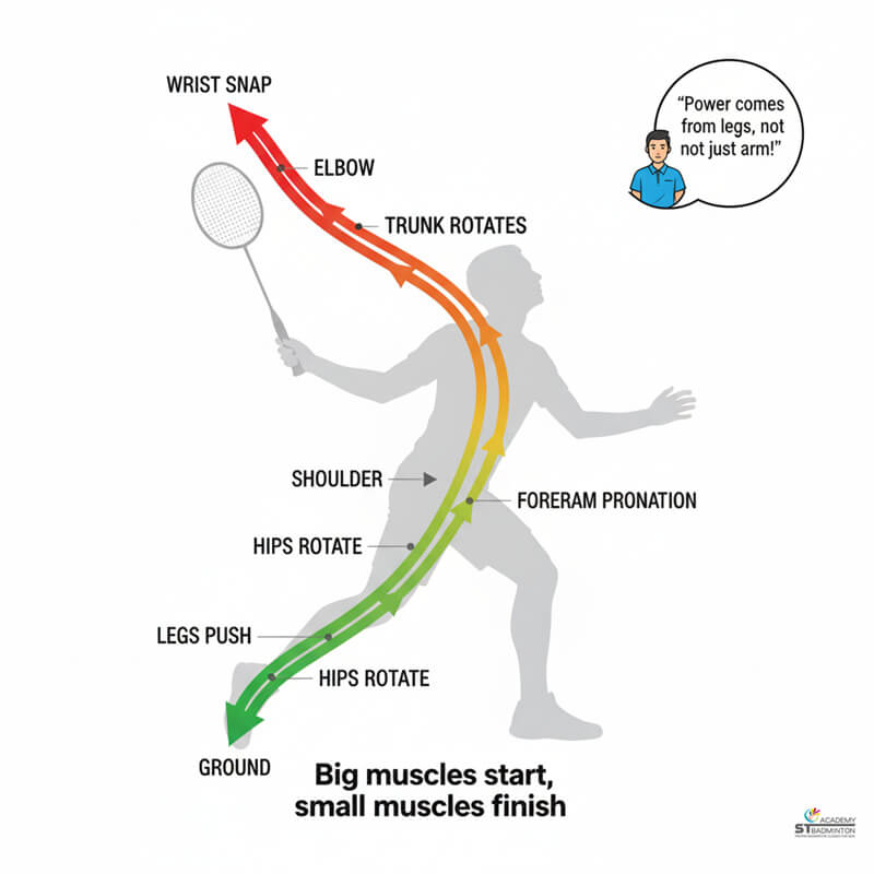 A player demonstrating the kinetic chain for a powerful badminton overhead clear in Malaysia