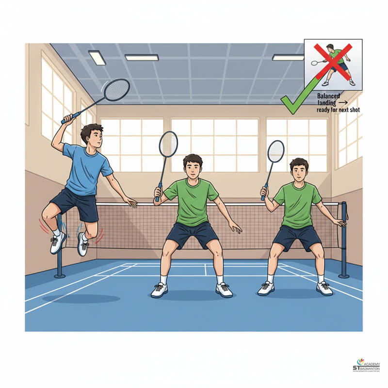 A player executing a badminton overhead clear with a scissor kick for recovery