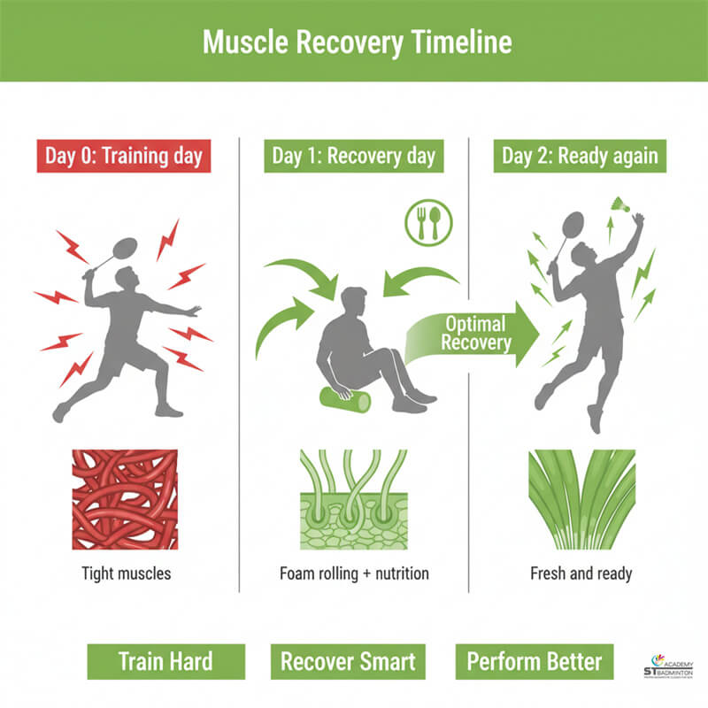 Adult player in Singapore using foam roller on hamstrings and glutes after badminton session