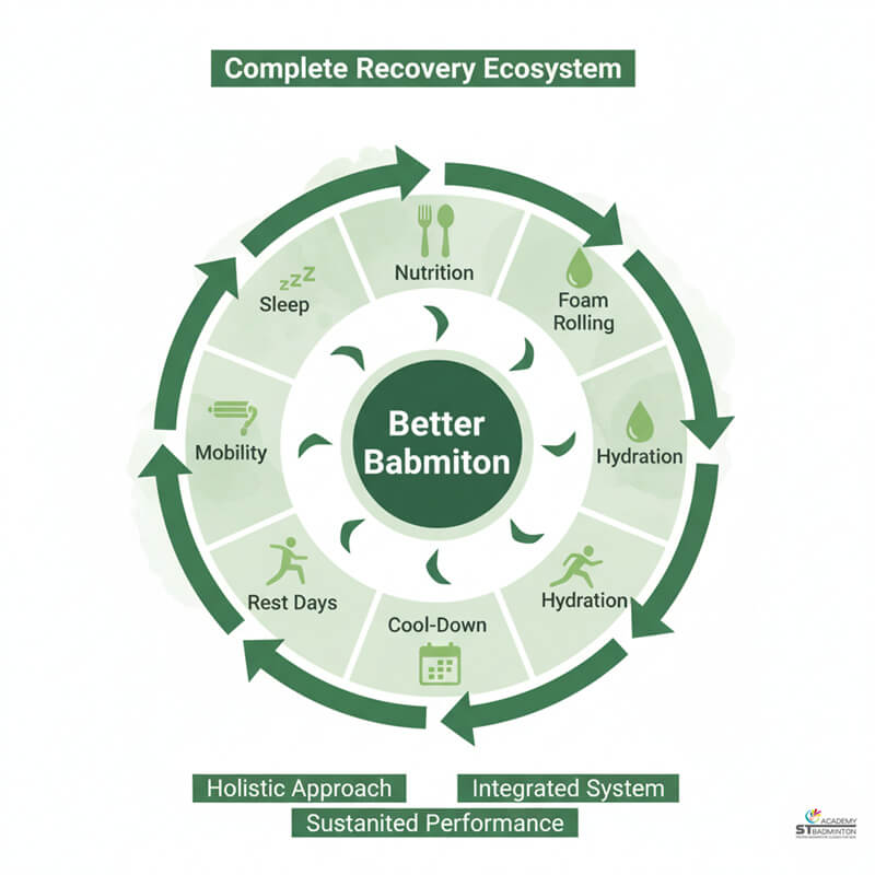 Badminton player foam rolling calves and lower leg muscles at home in Kuala Lumpur