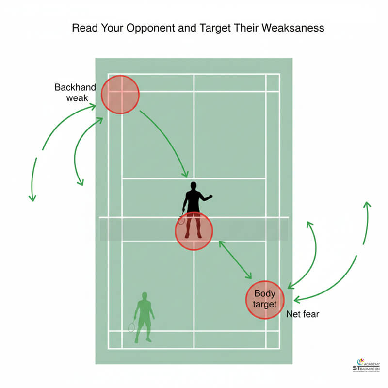 Badminton player planning tactical shot placement during singles match in Kuala Lumpur