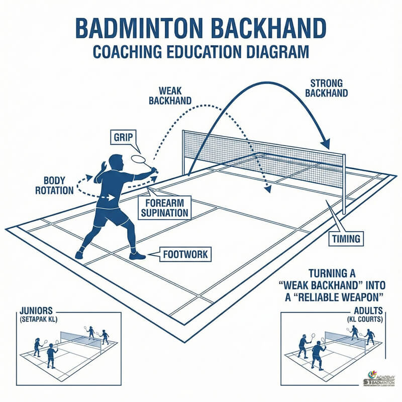 Badminton player practicing backhand clear technique at ST Badminton Academy Malaysia in Setapak