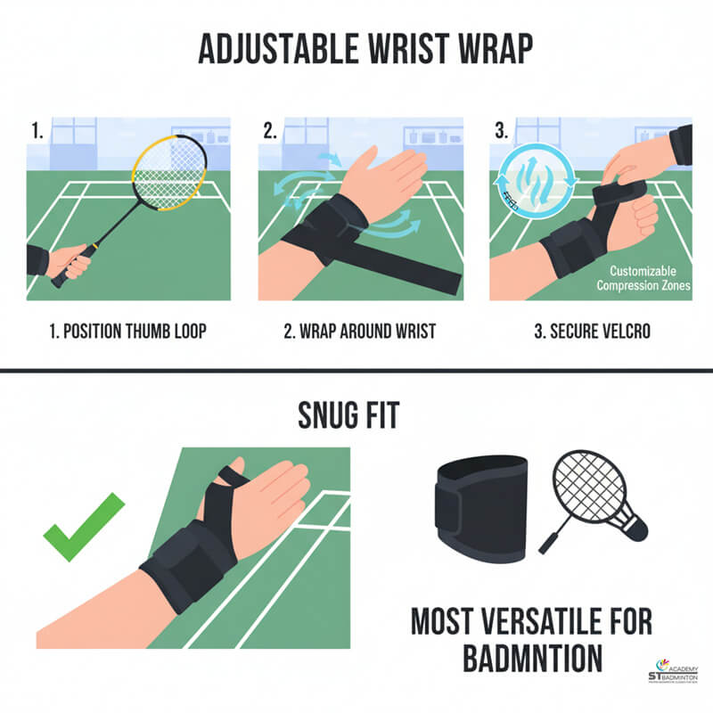 Kiểm tra độ vừa vặn của đai nẹp cổ tay cầu lông có thể điều chỉnh cho người chơi ở Kuala Lumpur.