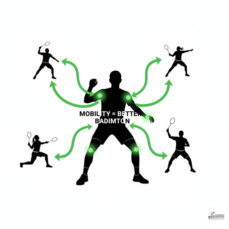 Child doing gentle leg swings mobility drill before badminton training in Kuala Lumpur